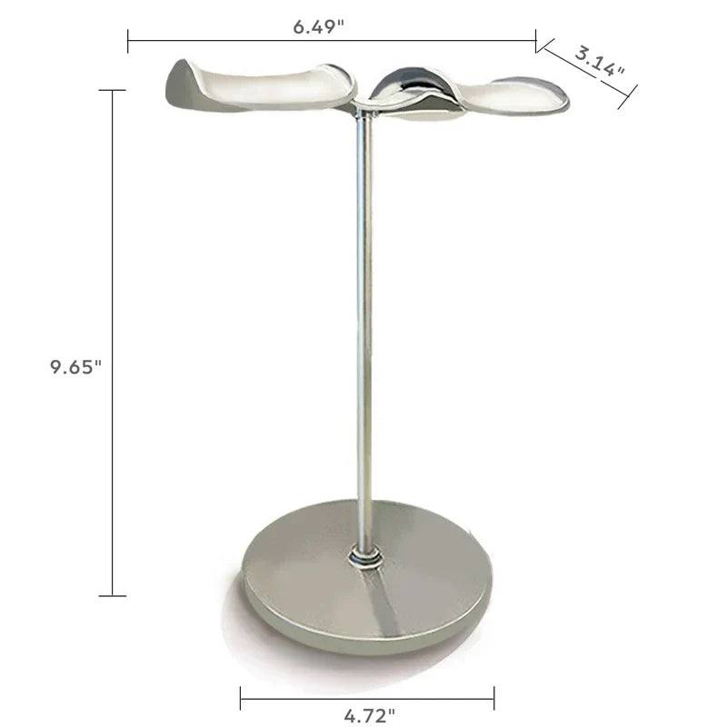 Silver metallic universal headphone stand with detachable headset hanger and three curved leaf-like metal holders