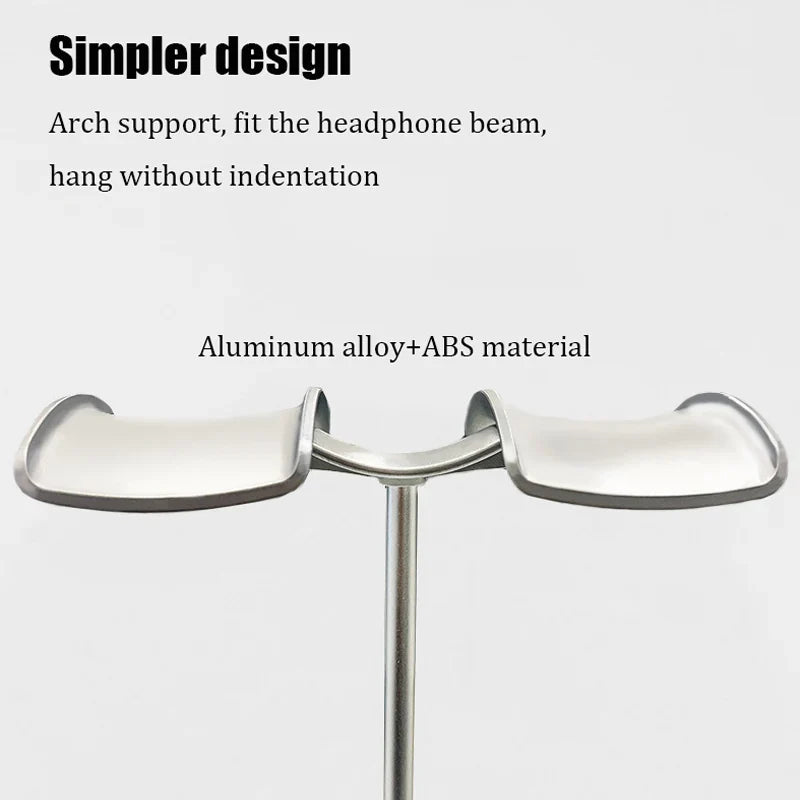 Silver-colored universal headphone stand made of aluminum alloy and ABS with a detachable headset hanger and bracket display