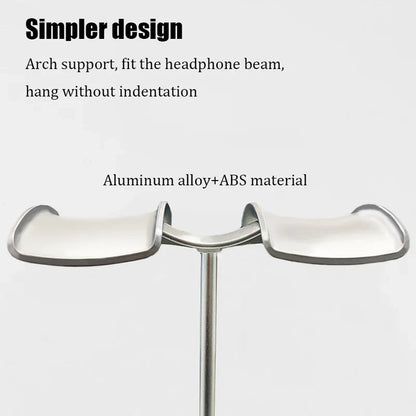 Silver-colored universal headphone stand made of aluminum alloy and ABS with a detachable headset hanger and bracket display