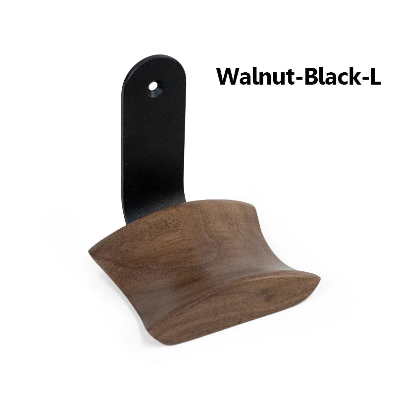 Walnut-black wooden gaming headset hanger with sleek curved solid wood design and sturdy black metal mounting bracket