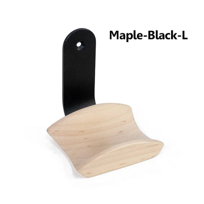 Maple wood and black metal wall-mounted gaming headset hanger with a curved natural finish base for earphone storage