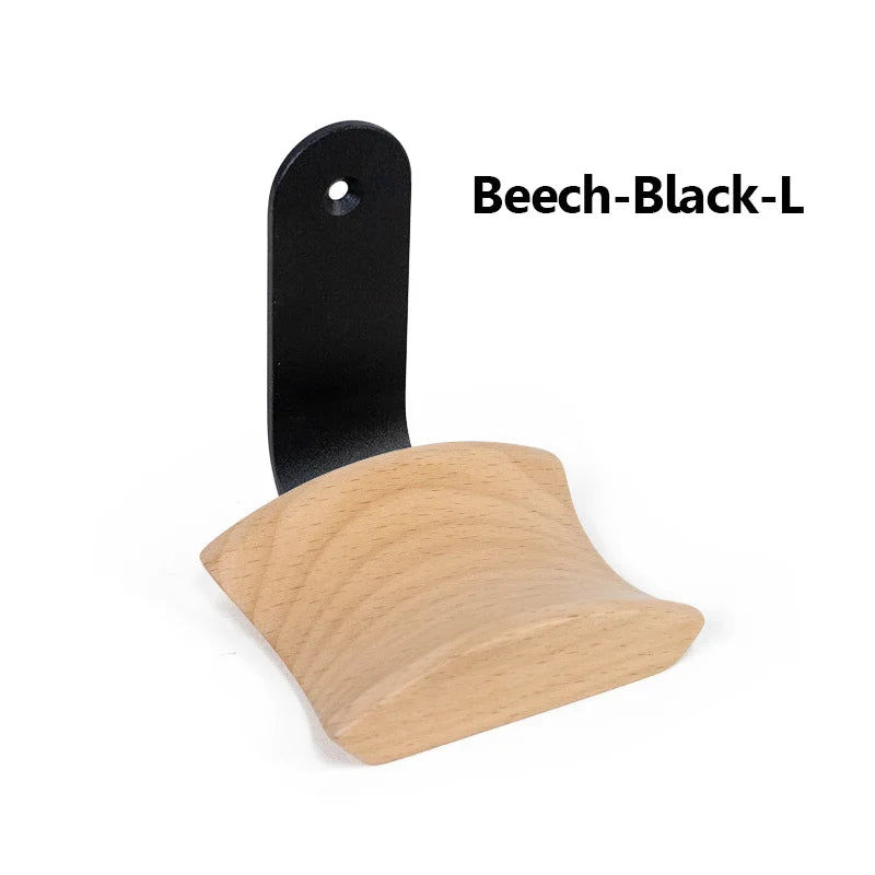Universal gaming headset hanger made of beech wood and black metal with a curved natural grain finish
