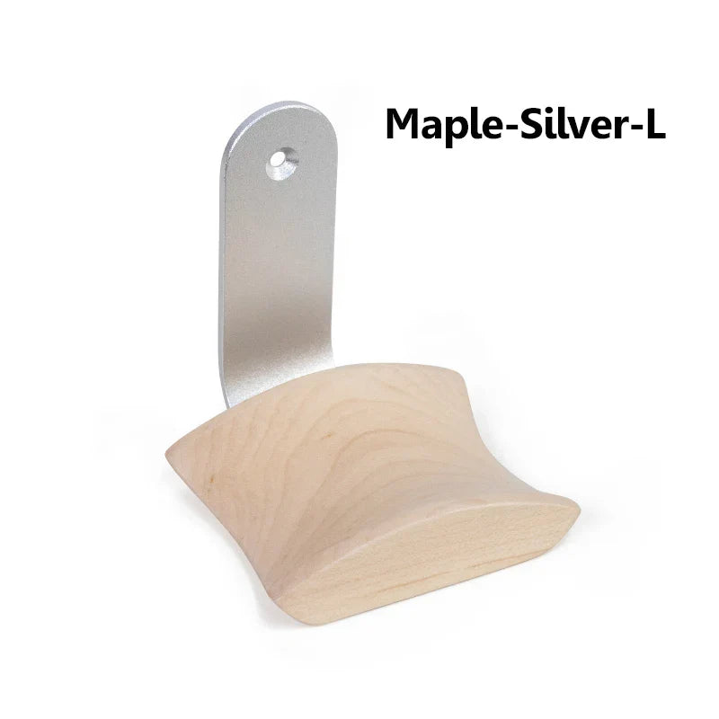 Maple-silver-l wall-mounted gaming headset hanger with light maple wood base and sleek silver metal bracket for earphones