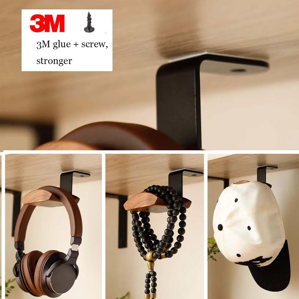 Black metal gaming headset hanger with solid wood top in walnut beech maple for head-mounted earphone storage