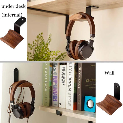 Brown leather headphones with black earcups hanging on a solid wood and aluminum gaming headset hanger walnut beech maple
