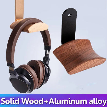 Brown wooden gaming headset hanger with black aluminum alloy mounting bracket made of walnut beech maple wood