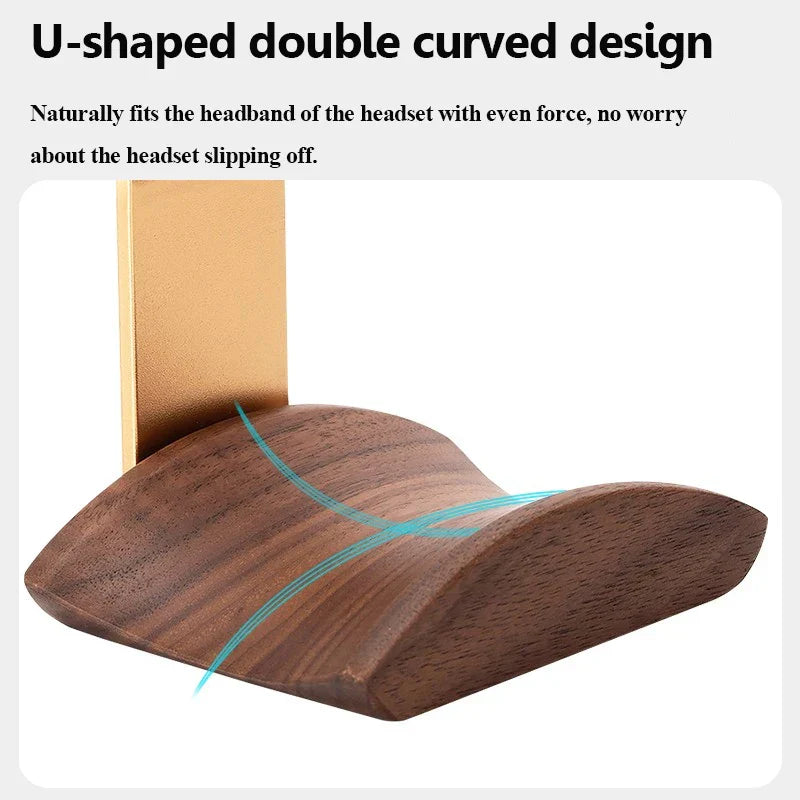 Dark brown wooden gaming headset hanger with u-shaped double curve design and gold metal support in walnut beech maple