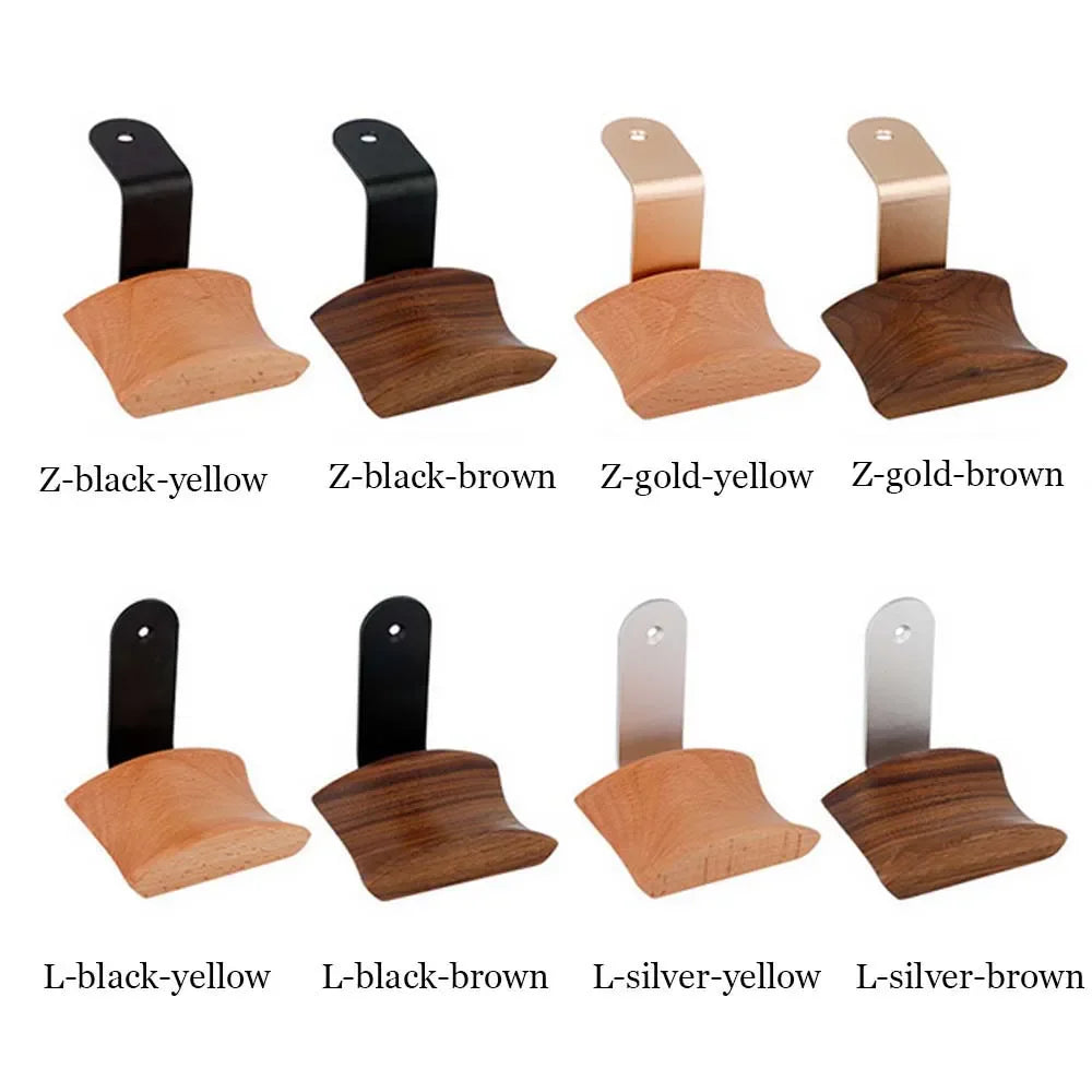 Wooden shoe horn with metal bracket in black-yellow and gold-brown colors for gaming headset hanger walnut beech use