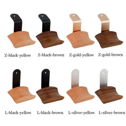 Wooden shoe horn with metal bracket in black-yellow and gold-brown colors for gaming headset hanger walnut beech use