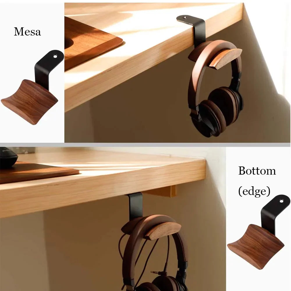 Wooden gaming headset hanger with black metal hook and curved walnut beech support for headphone storage