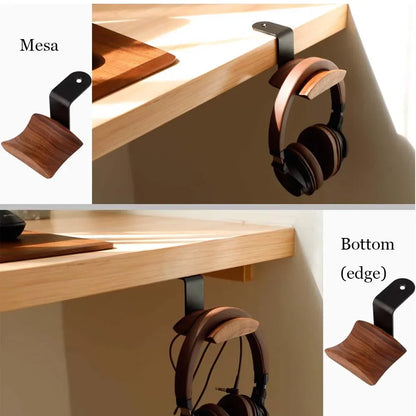 Wooden gaming headset hanger with black metal hook and curved walnut beech support for headphone storage
