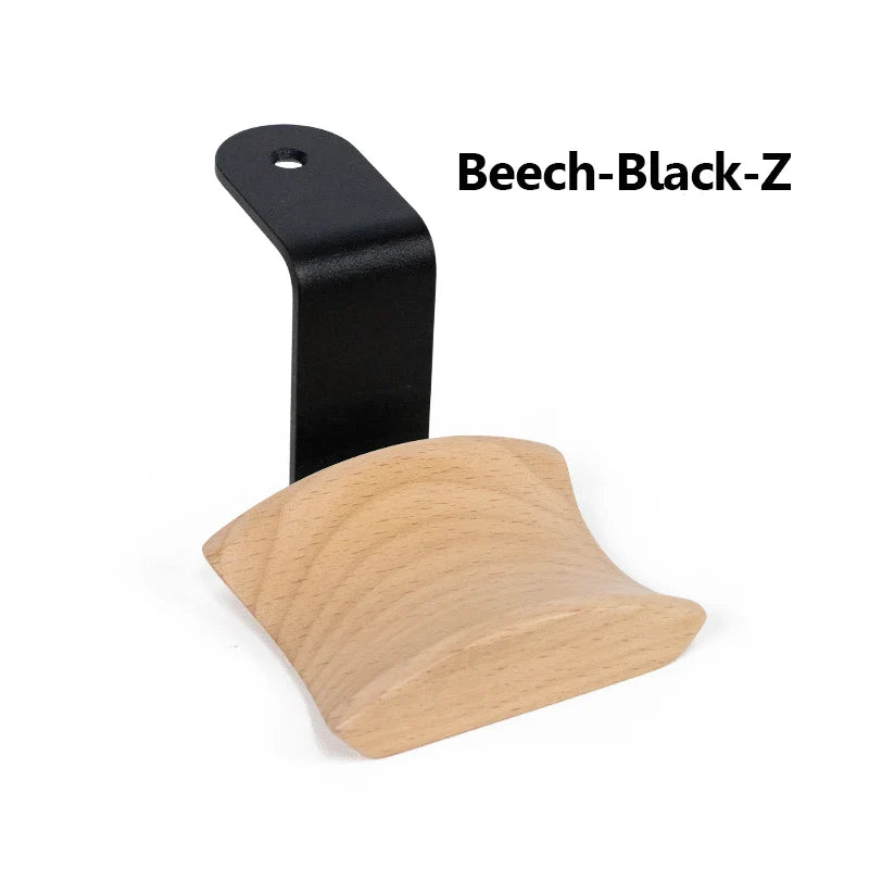Universal gaming headset hanger with beech wood curved base and black metal frame for headset hanger walnut beech design