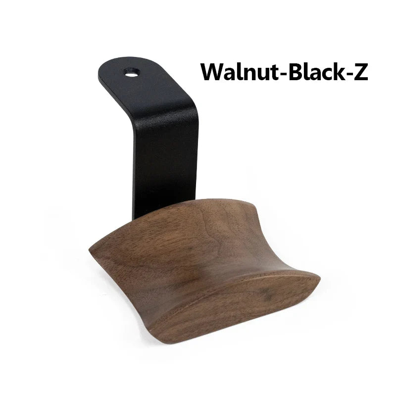 Walnut-black z-style gaming headset hanger with curved wooden base and black metal bracket for headset storage