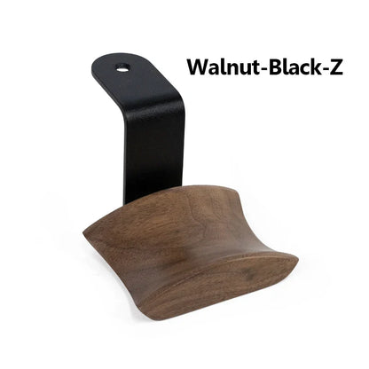 Walnut-black z-style gaming headset hanger with curved wooden base and black metal bracket for headset storage