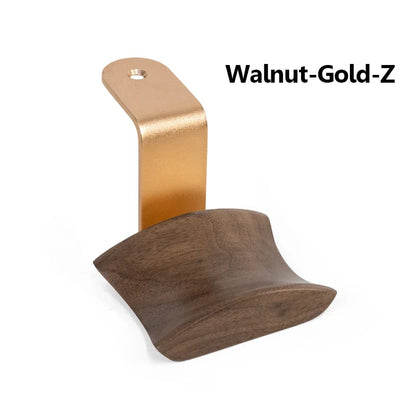 Walnut and gold-colored solid wood gaming headset hanger with sleek curved design for head-mounted earphone storage