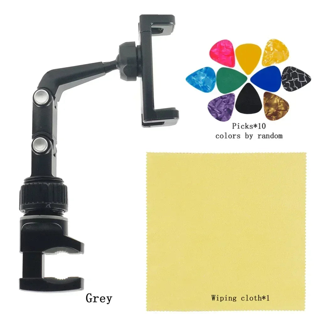 Black adjustable universal mic stand phone holder live broadcast bracket with clamp base and colorful guitar picks