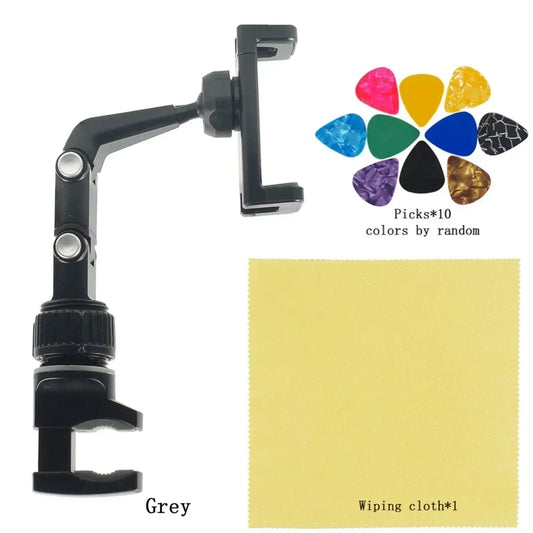 Black adjustable universal mic stand phone holder live broadcast bracket with clamp base and colorful guitar picks