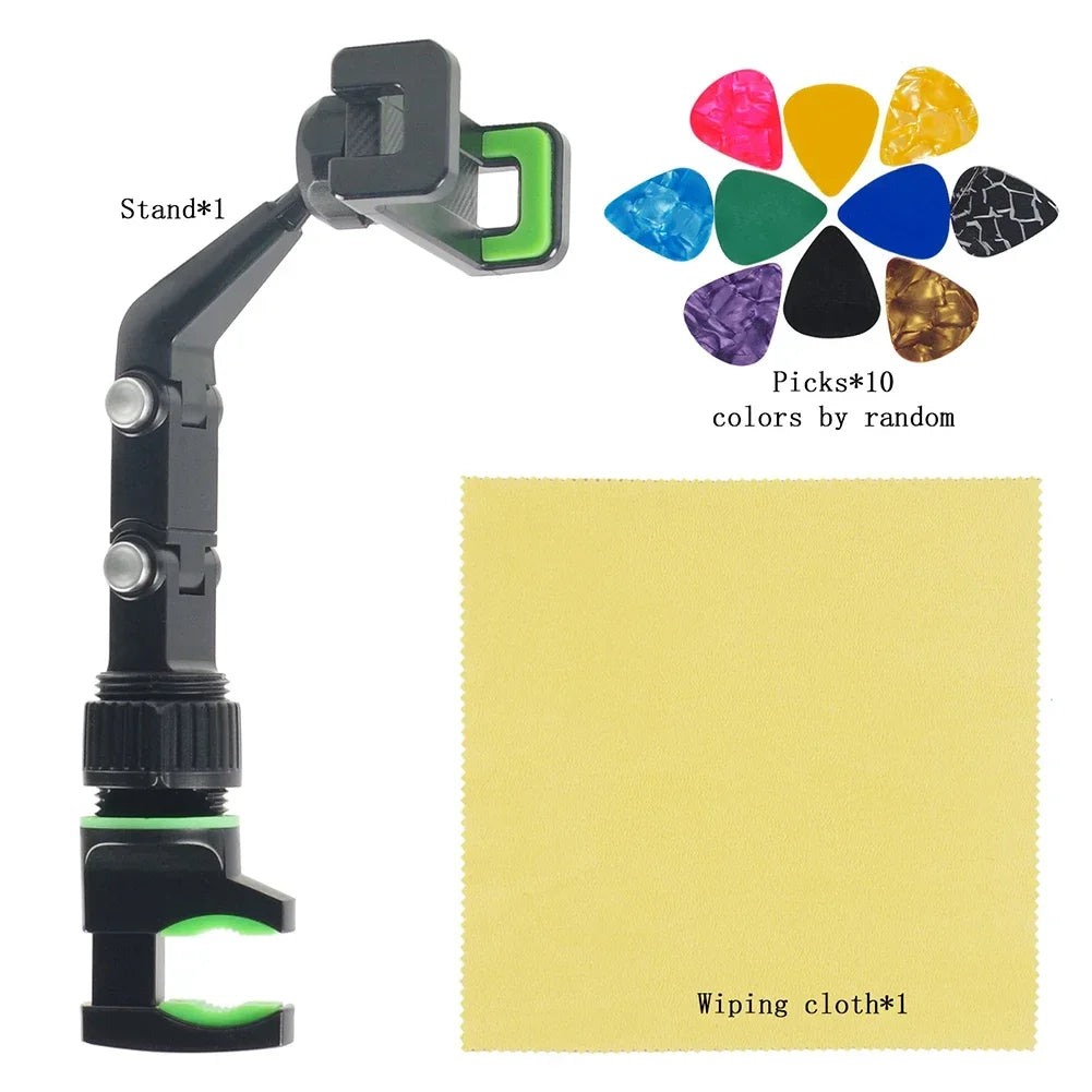 Black and green adjustable universal mic stand phone holder live broadcast bracket with guitar picks and yellow cloth