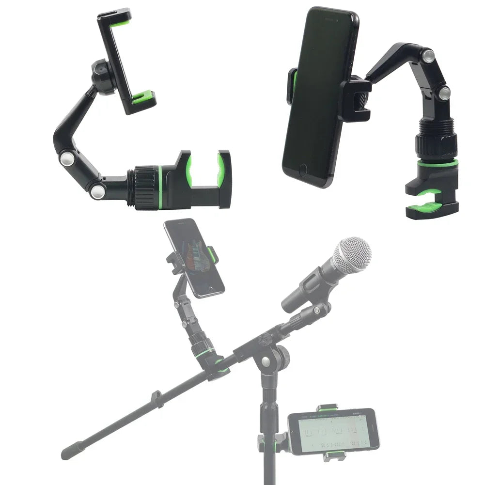 Black and green adjustable phone holder live mount with multiple clamping arms for universal mic stand use