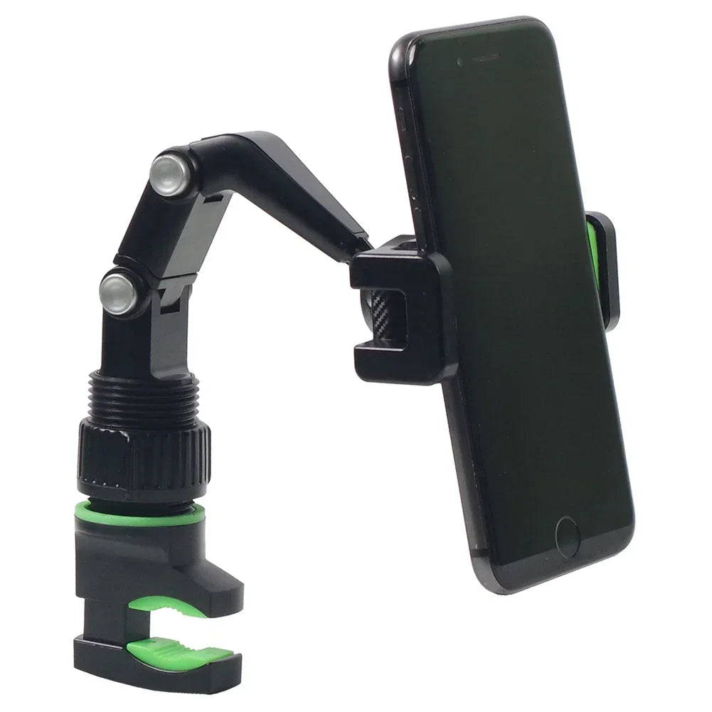 Black and green universal mic stand phone holder live broadcast bracket with adjustable articulated arm for secure mounting
