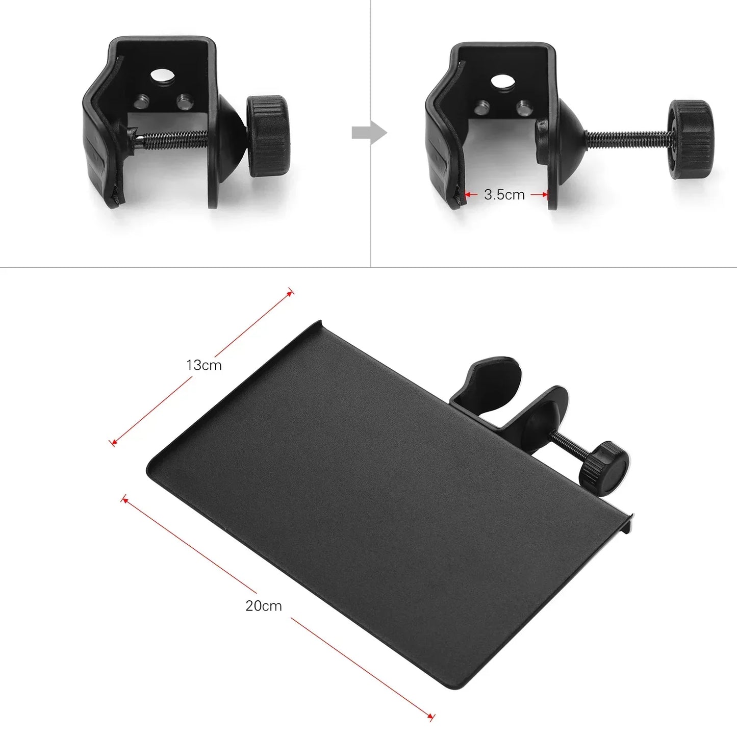 Black metal desk organizer with stand clamp-on tray and adjustable mounting clamp for universal microphone stand use