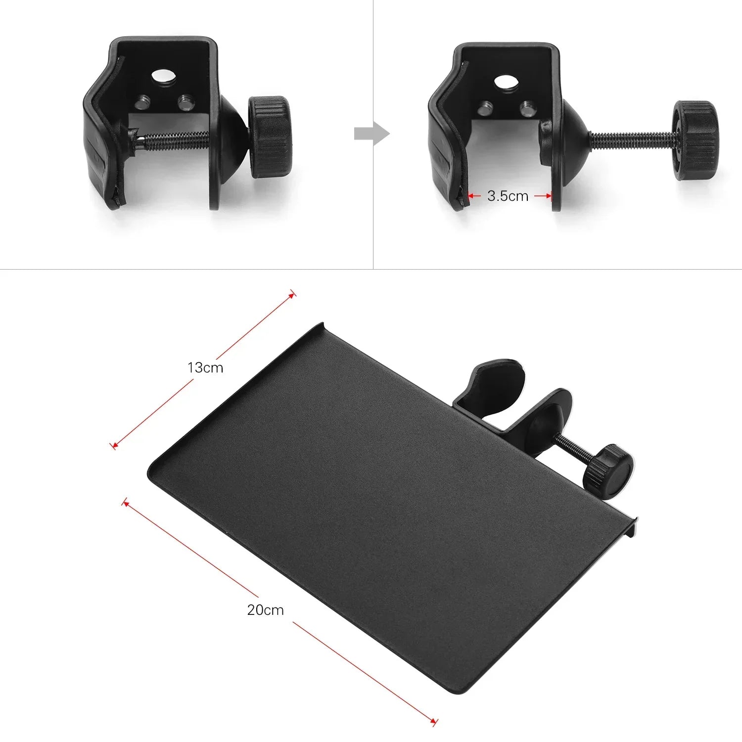 Black metal desk organizer with stand clamp-on tray and adjustable mounting clamp for universal microphone stand use