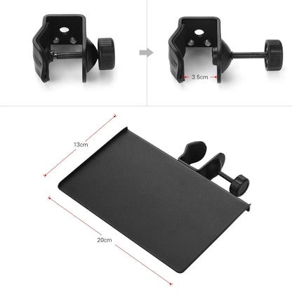 Black metal desk organizer with stand clamp-on tray and adjustable mounting clamp for universal microphone stand use