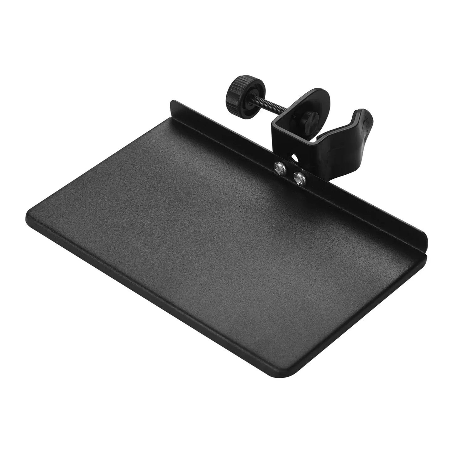 Black plastic clipboard with clamp and adjustable screw for securing documents on universal microphone stand mounting clamp