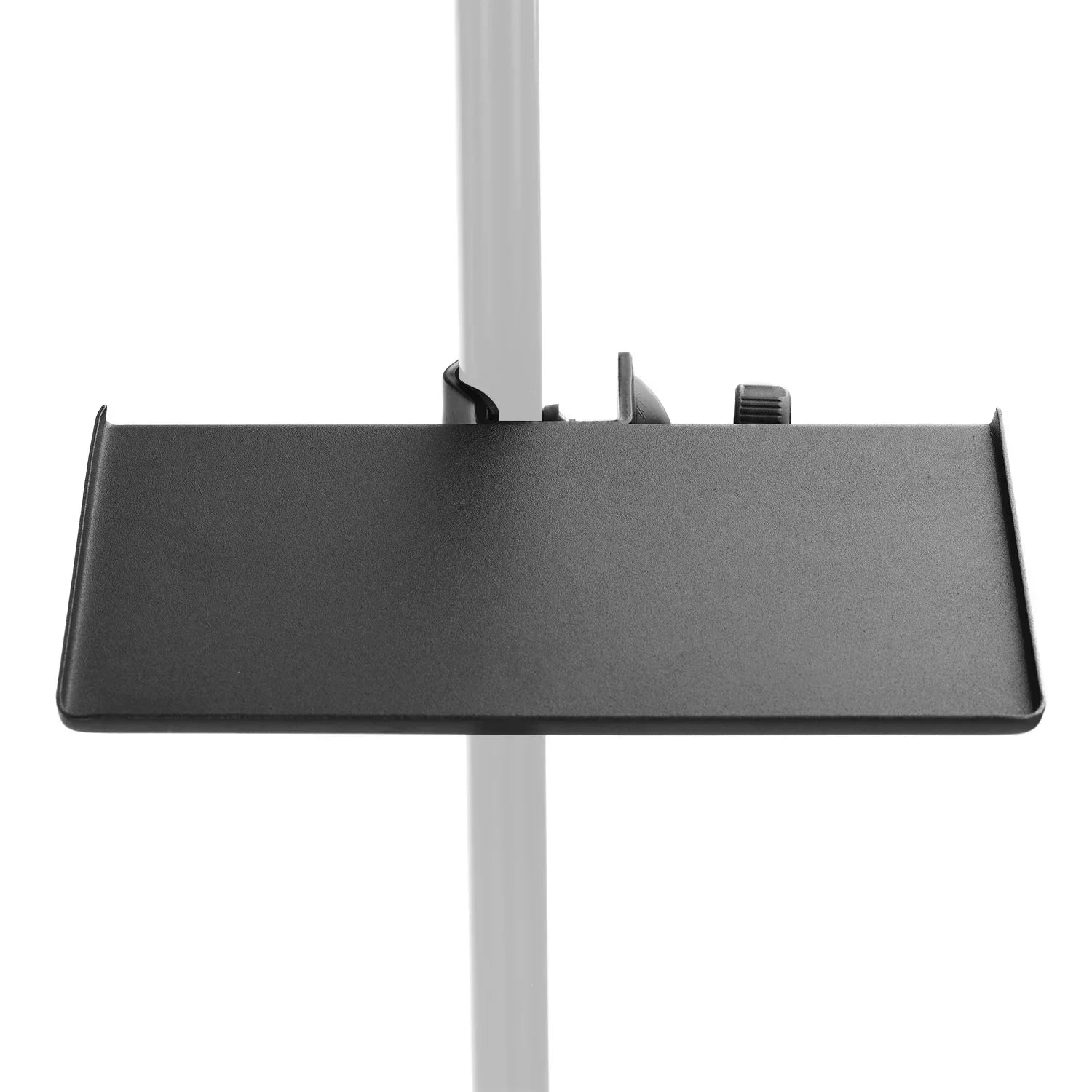 Black metal universal microphone stand clamp-on tray with adjustable mounting clamp for sound card and headphone placement