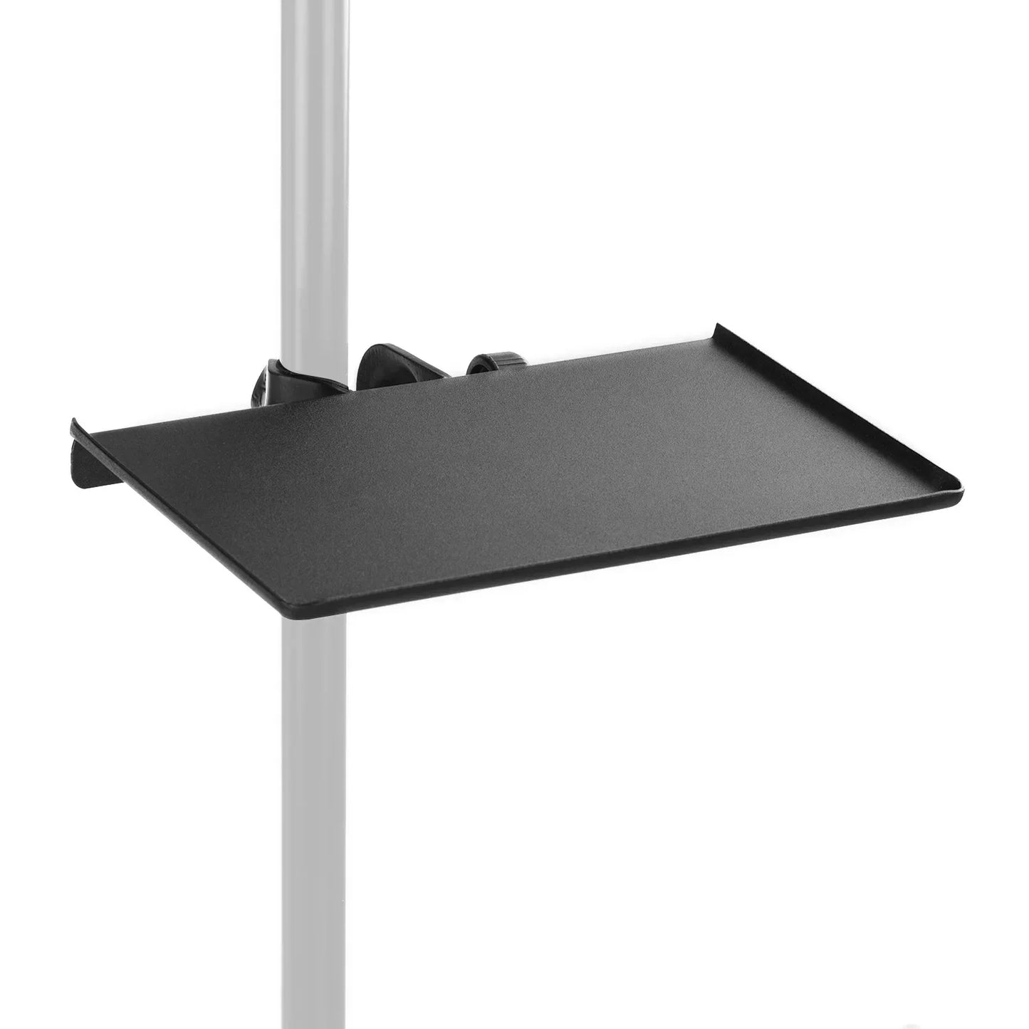 Black rectangular metal desk shelf with matte finish mounted on silver pole using adjustable stand clamp-on mounting clamp