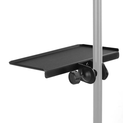 Black metal universal microphone stand clamp-on tray with mounting clamp for securing sound card and headphone accessories