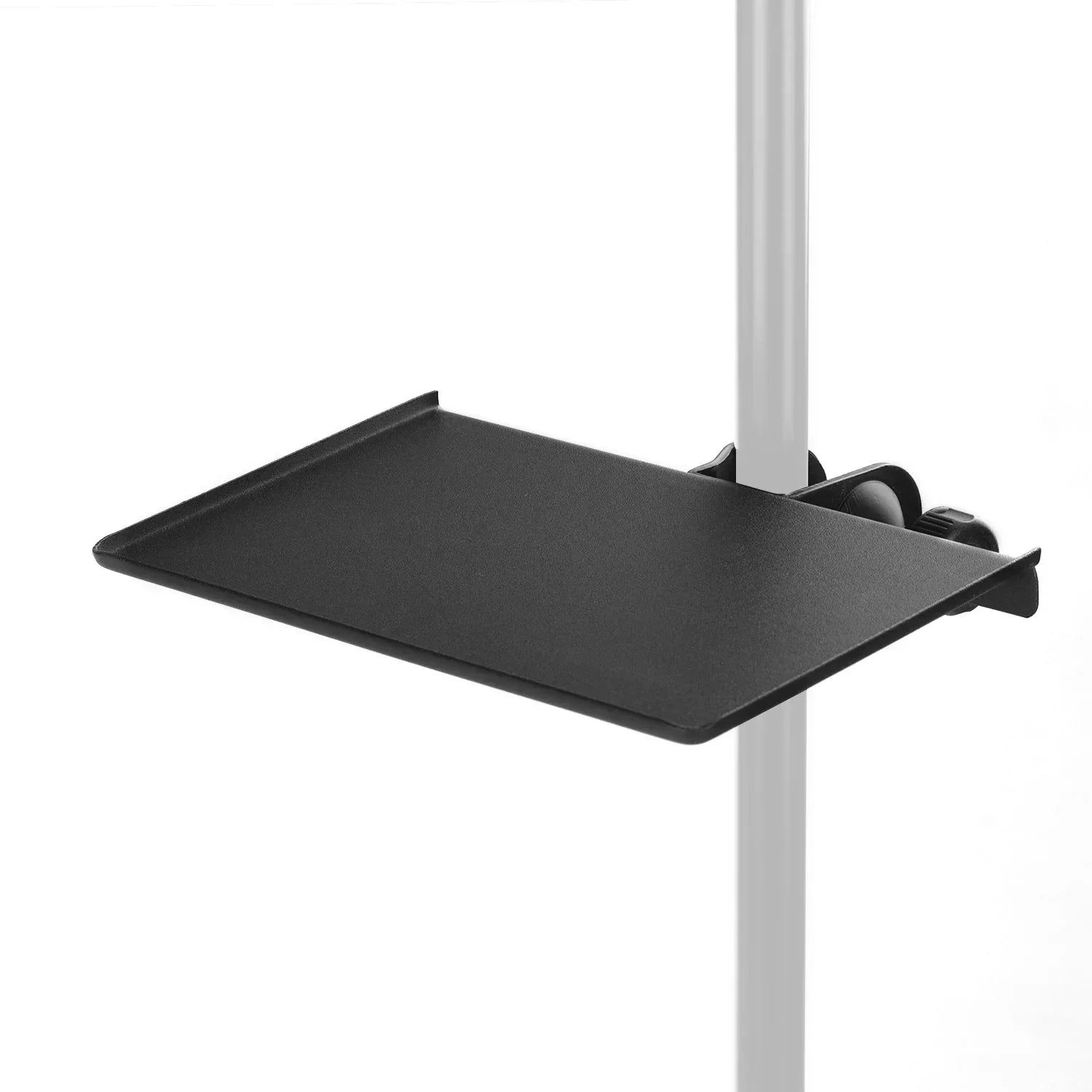 Black matte metal tray attached to silver pole with adjustable mounting clamp for universal microphone stand use