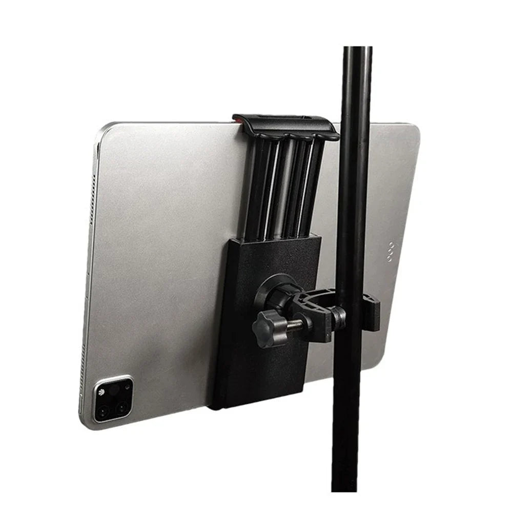 Black universal microphone stand mount holder with adjustable tablet clip phone and 360° rotation for musical instrument use