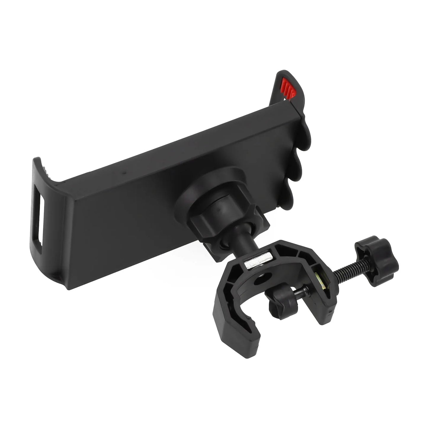 Black plastic universal microphone stand phone and tablet holder with red accent clip adjustable 360 rotating stand