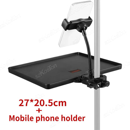 Black plastic microphone stand tray with flexible gooseneck phone holder and o-style buckle lock for recording sound