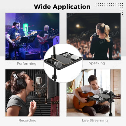 Black adjustable microphone stand tray with o-style buckle lock and high quality plastic recording sound card tray holding smartphone and earbuds