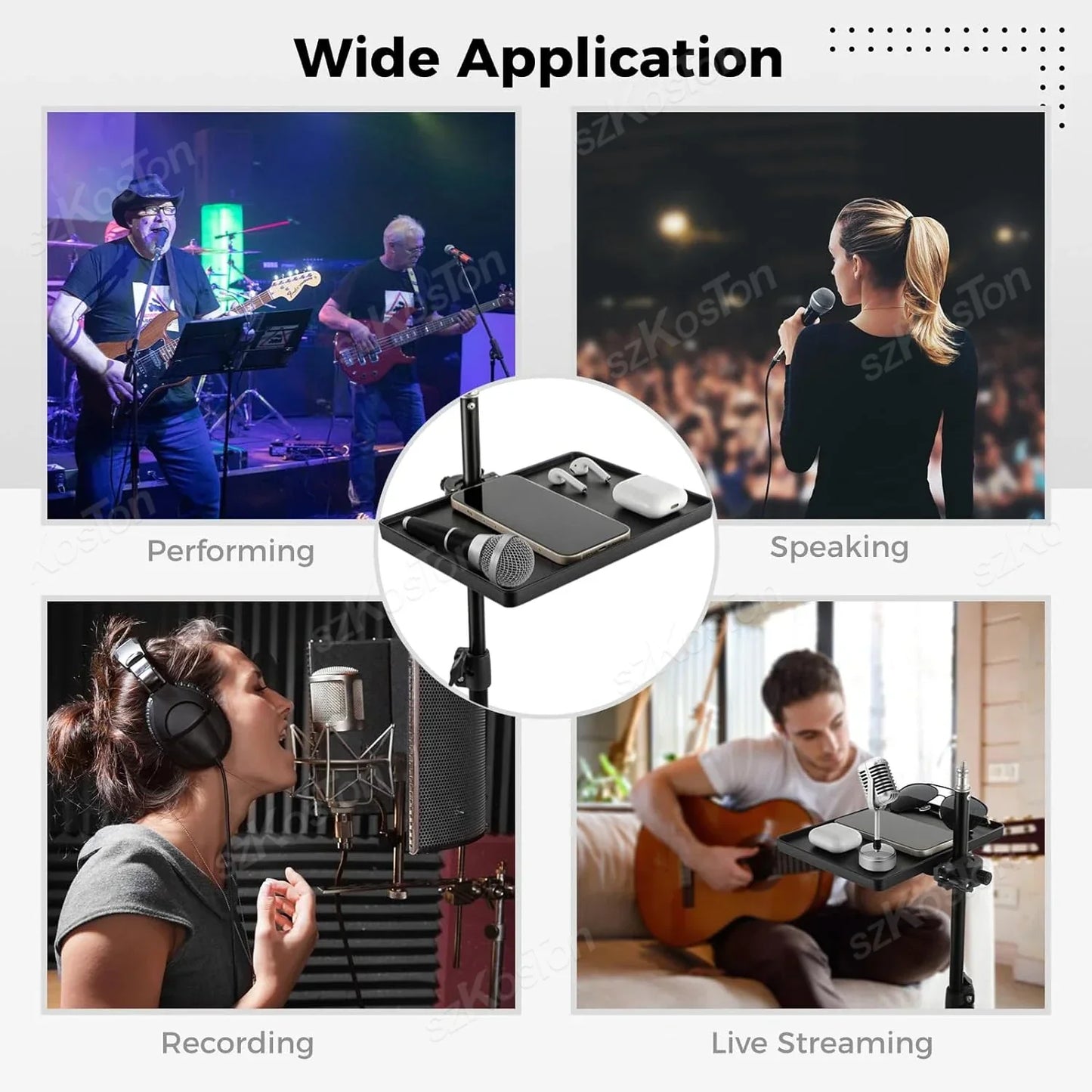 Black adjustable microphone stand tray with flat rectangular platform holding smartphone and earbuds made of quality plastic recording material