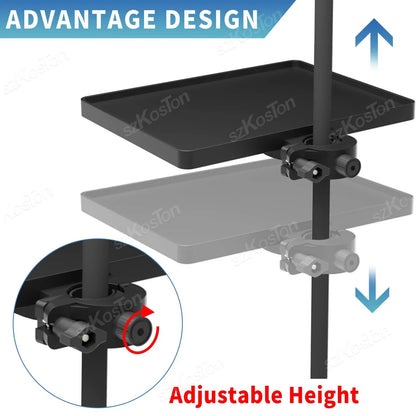 Black adjustable-height universal microphone stand tray with o-style buckle lock and plastic recording sound card tray