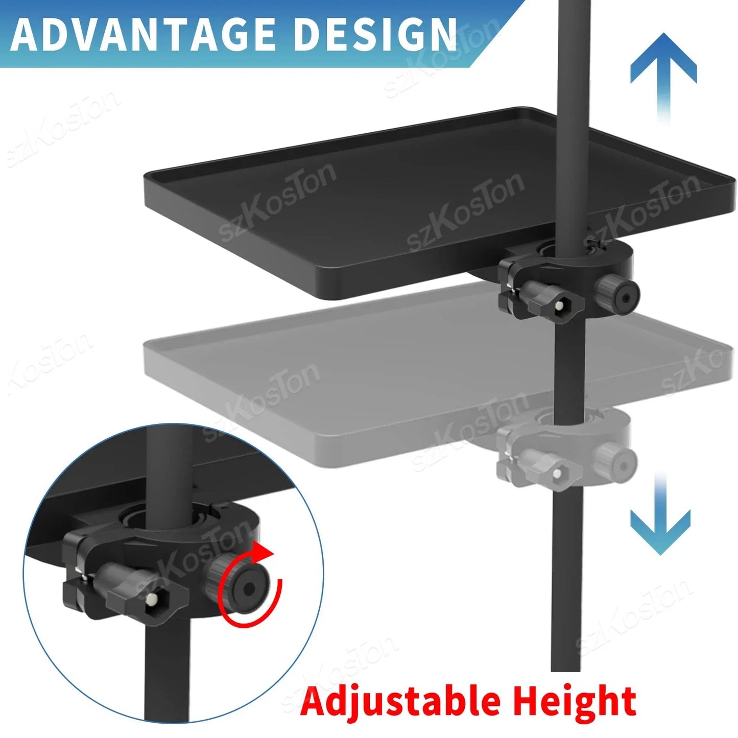 Black adjustable-height microphone stand tray with o-style buckle lock made of high quality plastic recording sound material