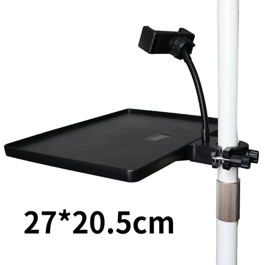 Black plastic universal microphone stand tray with adjustable arm and clamp for live streaming karaoke and recording sound card