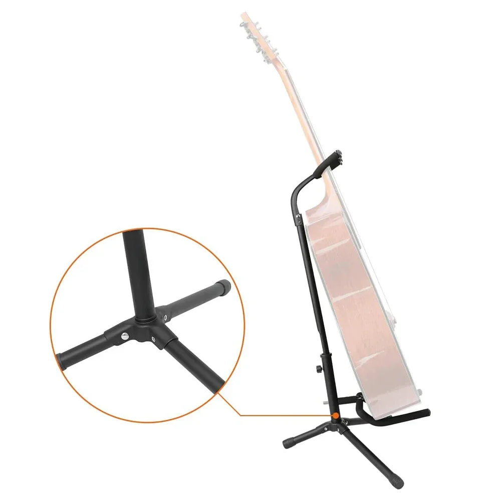 Black metal guitar stand collapsible with adjustable height and tripod base holding an acoustic guitar travel compact design