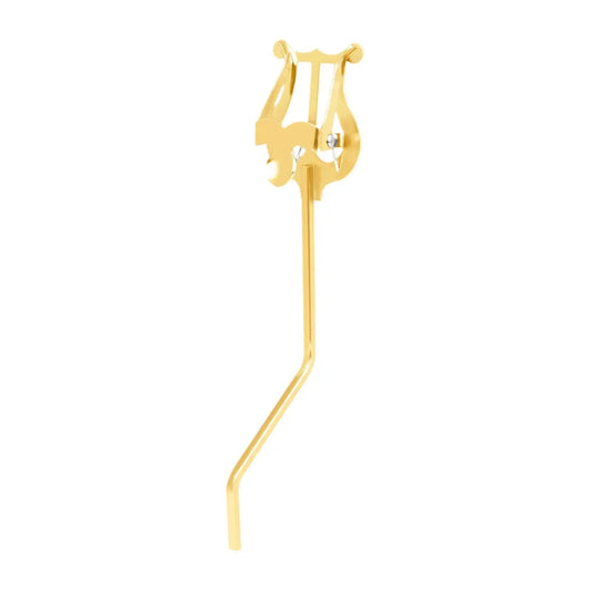 Gold-colored metal lyre-shaped universal saxophone clip stand with curved base for type beat music and beat music store use