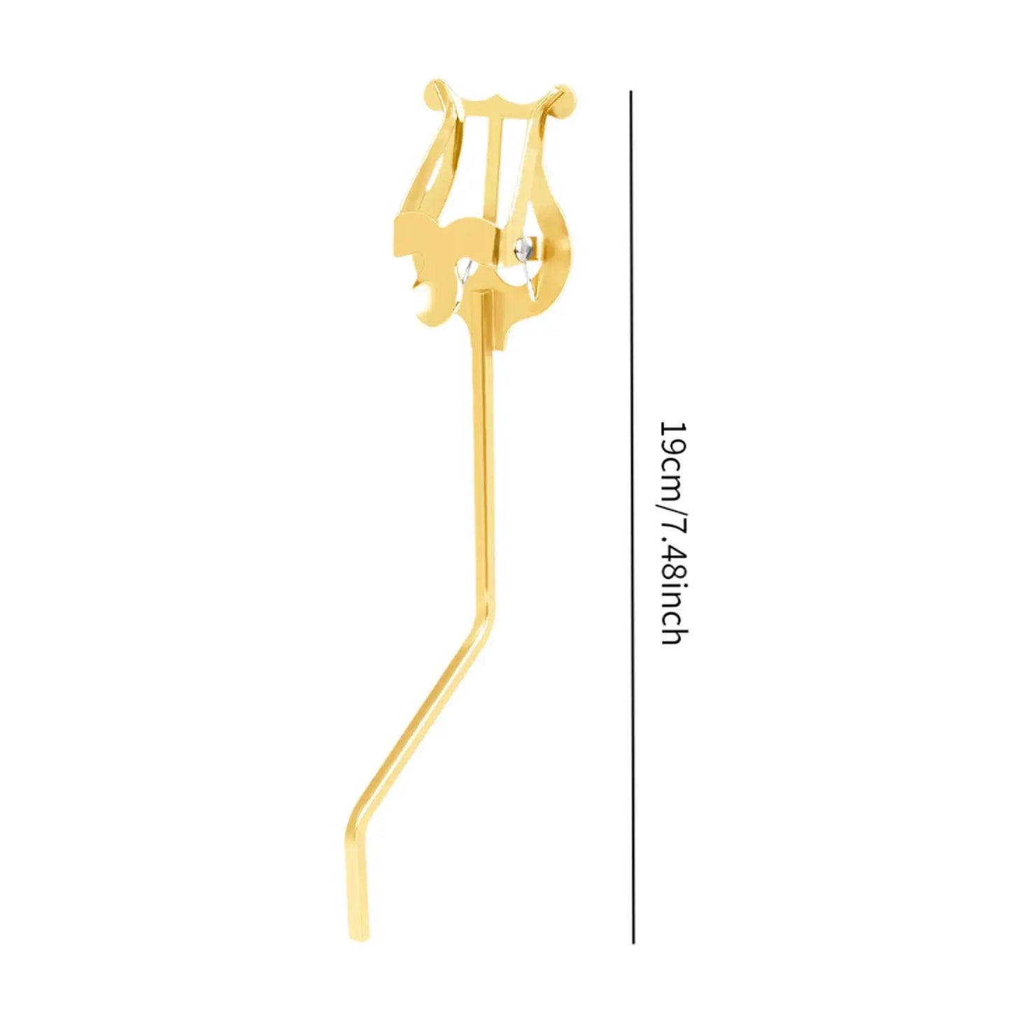 Gold-colored metal lyre-shaped universal saxophone clip stand designed for sheet music and instrument support in beat music store