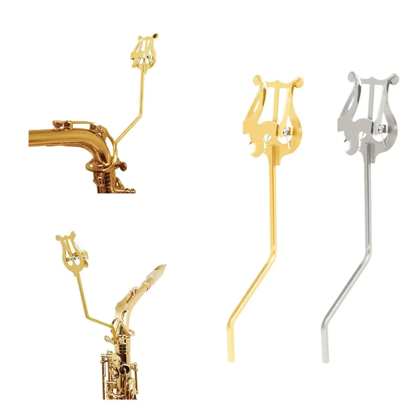 Gold and silver lyre-shaped universal saxophone clip mouthpiece rests with curved metal arms for beat music store use