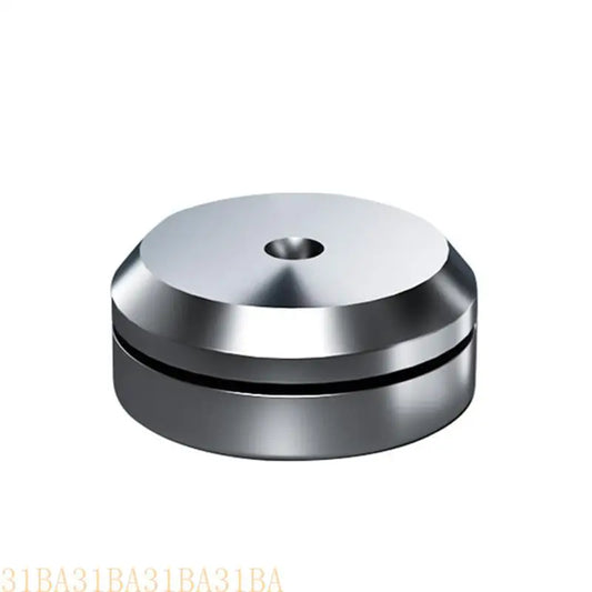 Shiny silver metallic cylindrical universal speaker isolation foot pad with central hole and concentric ridges for shockproof use