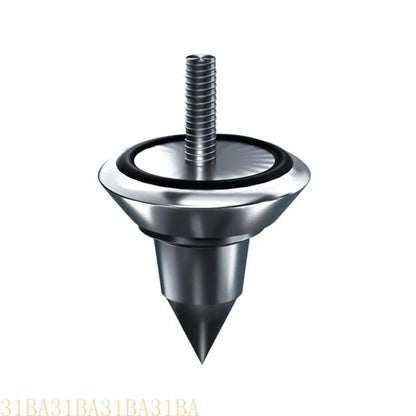 Silver-toned metal universal speaker isolation stand foot pad with threaded shaft and black rubber shockproof foot mat