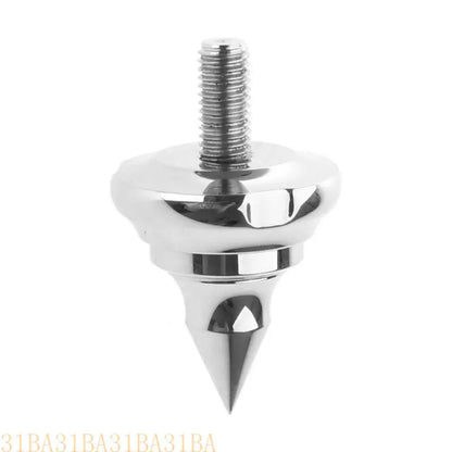 Shiny chrome-finished metal universal speaker isolation stand foot with threaded screw top and pointed tip for shockproof foot mat