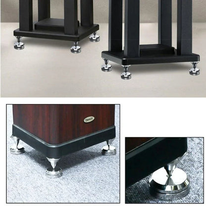 Black universal speaker isolation stands with polished chrome feet and wood grain finish feature danics logo shockproof foot mat