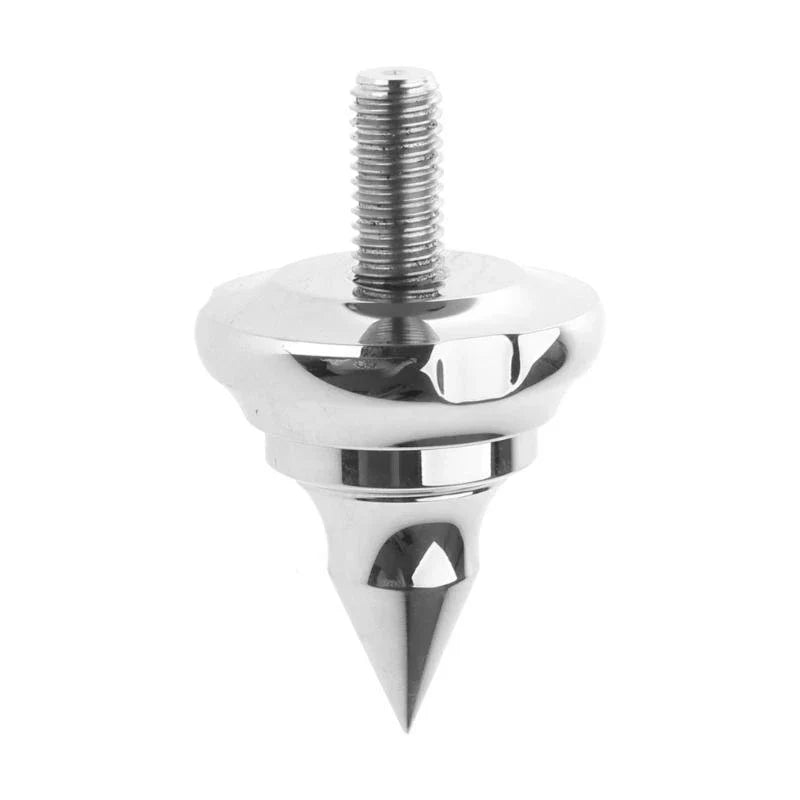 Shiny chrome-finished metal universal speaker isolation foot pad with threaded shaft and pointed tip for shockproof support