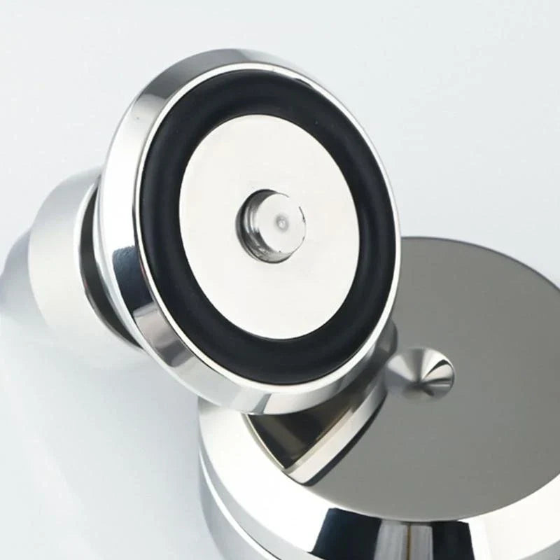 Shiny chrome-finished magnetic door stop with black rubber seal and central screw for universal speaker isolation foot pad